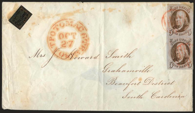 5c Red Brown (1).> Vertical pair, clear to large margins, tiny nick at bottom right, tied by red grid cancels with matching <Potomac Steamboat Oct. 27> route agents circular datestamp, used with lood’s City
Despatch, Philadelphia Pa., 1c Bronze