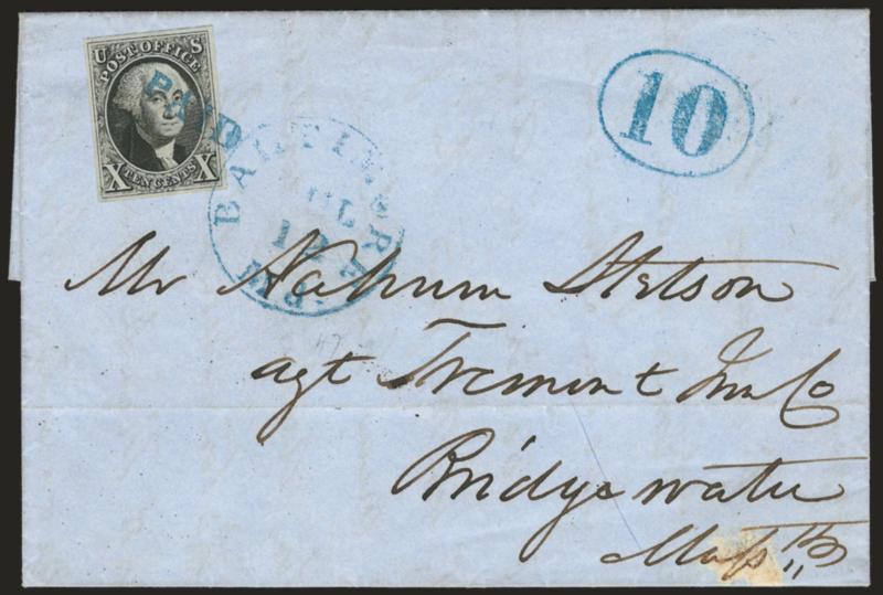 10c Black (2).> Full even margins all around, detailed impression, tied by <blue Paid> handstamp and also by matching Baltimore Md., Jul. 12 circular datestamp on blue folded letter with 1848 docketing to
Ridgewater Mass., matching 10 in oval h