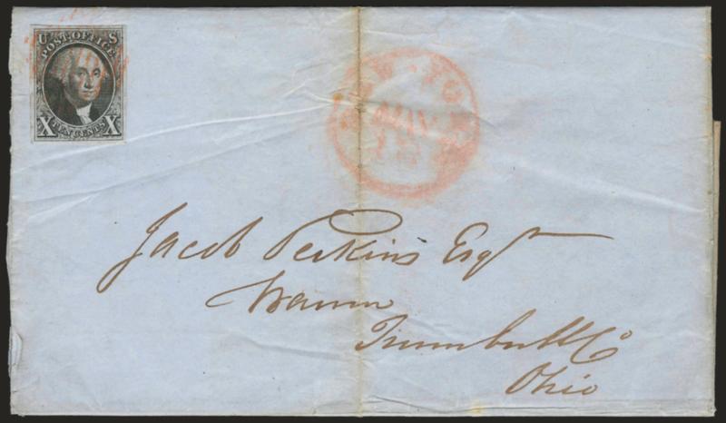 10c Black (2).> Full even margins all around, tiny scissors-cut in margin only at bottom right, tied by red square grid, matching New-York May 16 circular datestamp on blue 1848 folded letter to Warren O.,
vertical file fold with some splitting, co