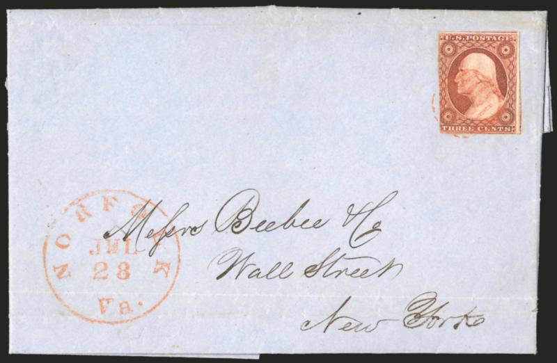 3c Orange Brown, Ty. II (10A).> Position 34L1i, large margins to just in, tied by red grid, matching Norfolk Va. Jul. 28 circular datestamp on blue 1851 folded letter to New York, light horizontal file fold at
bottom well clear of stamp, Fine, scar