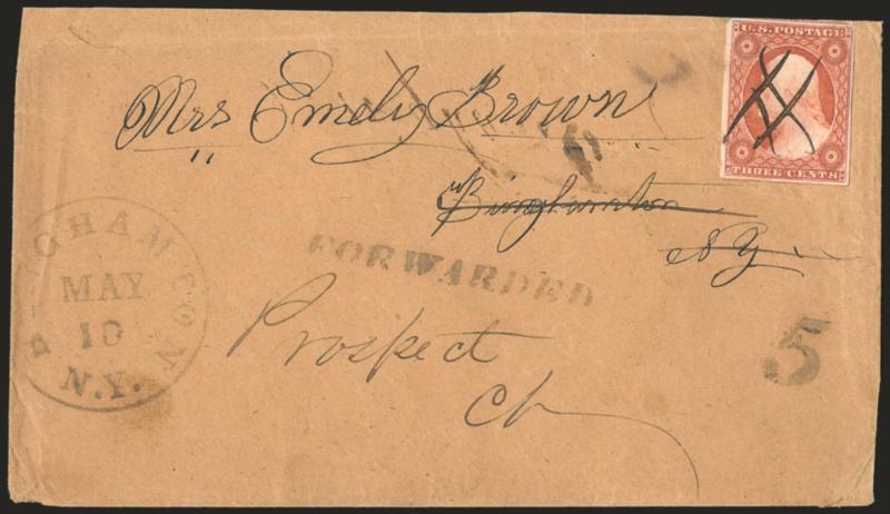 3c Orange Brown, Ty. II (10A).> Large margins to full, few creases, cancelled by ms.  with no indication of origin on brown cover to Binghamton N.Y. and <forwarded> to Prospect Ct., neat Binghamton N.Y. May 10
circular datestamp with matching F