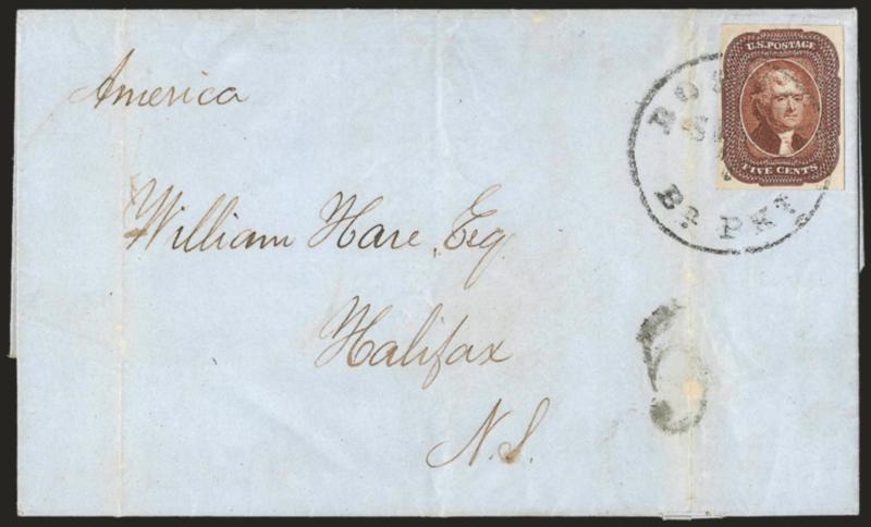 5c Red Brown (12).> Large even margins, deep shade, tied by lightly struck Boston Br. Pkt. Sep. 7 circular datestamp on light blue 1859 folded letter <to Halifax, Nova Scotia,> 5 rate handstamp, Halifax
receiving datestamp, file fold with slight