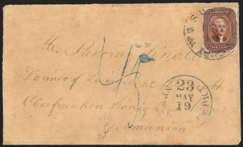 5c Red Brown (12).> Large margins to full, tied by Washington Iowa May 14 circular datestamp on cover <to Baureuth, Germany,> neat New York Br. Pkt. 23 May 19 debit datestamp, blue ms. 45 kreuzer due marking,
transit and receiving backstamps, s