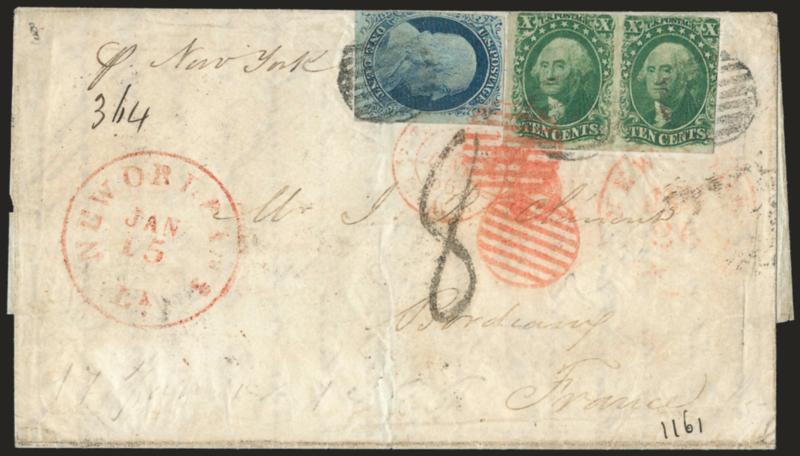 10c Green, Ty. II (14).> Horizontal pair, used with 1c Blue, Ty. IV (9), margins to in, tied by red and black grids, red New Orleans La. Jan. 15 circular datestamp on 1856 folded letter <to Bordeaux, France,>
red New York credit datestamp also ties