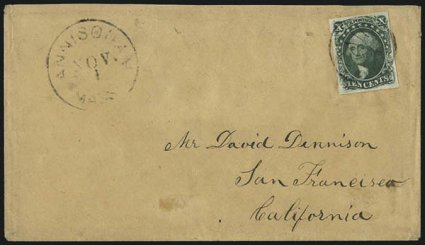 10c Green, Ty. II, III (14, 15).> Two covers, each bearing single, first large margins all around and tied by <Paid 3> in circle on cover from Mass. to San Francisco, second with three large margins and tied
by New Orleans circular datestamp to San