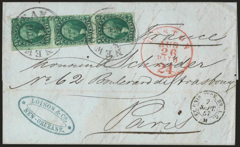 10c Green, Ty. IIIIIIII (151415).> Vertical strip of three, center stamp Ty. II, margins to in, rich color, tied by New Orleans La. Aug. 18, 1857 circular datestamps on folded letter <to Paris, France,> red
Boston Paid 24 Aug. 26 circular dat