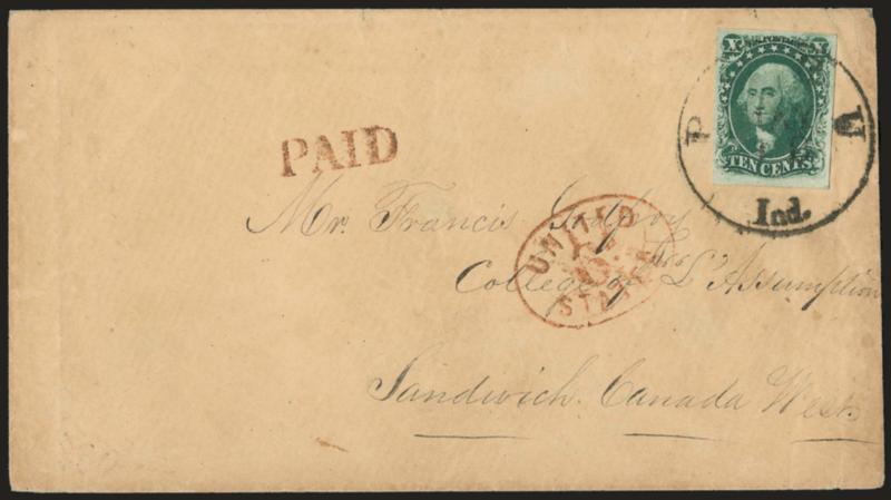 10c Green, Ty. III (15).> Large margins all around, tied by Peru Ind. May 18 circular datestamp on cover <to Sandwich, Canada West,> red United States 6d in oval and matching Paid handstamp, 1857 Windsor and
receiving backstamps, trivial wear,