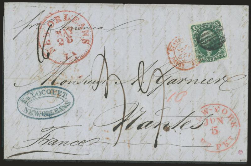 10c Green, Ty. III (15).> Large margins to just touched at bottom, tied by bold grid, red New Orleans La. May 28 circular datestamp on blue 1855 folded letter <to Nantes, France,> red New-York Br. Pkt. Jun. 5
transit datestamp, ms. 39 decimes d