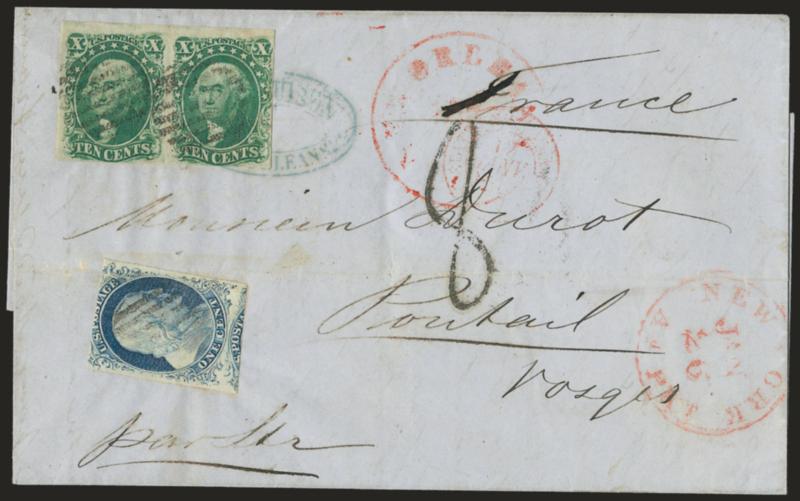 10c Green, Ty. III (15).> Horizontal pair, used with 1c Blue, Ty. IV (9), cancelled by grids, red New Orleans La. Jan. 2? circular datestamp on blue 1856 folded letter <to Vosqes, France,> red New-York Am. Pkt.
Jan. 26 transit datestamp, bold 8