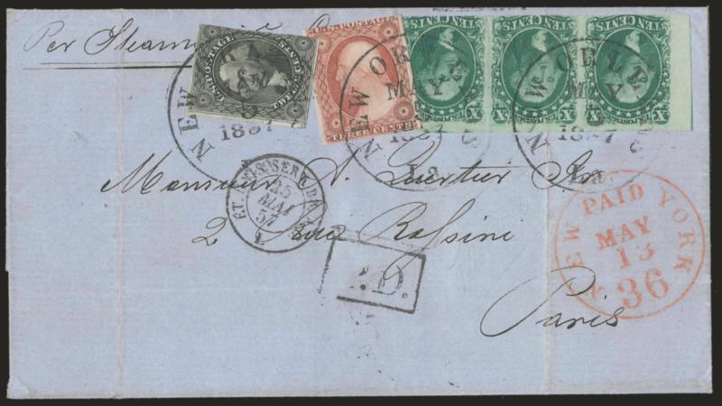 10c Green, Ty. III (15).> Horizontal strip of three, huge margins to in incl. <sheet margin> at left, <used with 3c Dull Red, Ty. II (11A) and 12c Black (17),> slightly overlapping and tied by New Orleans La.
May 5, 1857 circular datestamps on blue