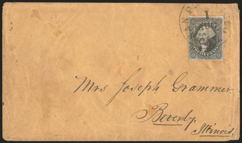 12c Black (17).> Large margins to clear, natural vertical <pre-printing paperfold,> tied by San Francisco Cal. 1 Aug. circular datestamp on buff cover to Beverly Ill., some overall wear incl. soiling around
stamp, otherwise Very Fine, scarce double