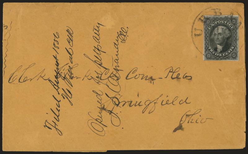12c Black (17).> Large margins to clear, intense shade and impression, tied by well-struck Urbana Ill. Aug. ? circular datestamp on reduced legal-size cover to Springfield O., 1856 docketing at left, left
portion of cover folded down for display, V