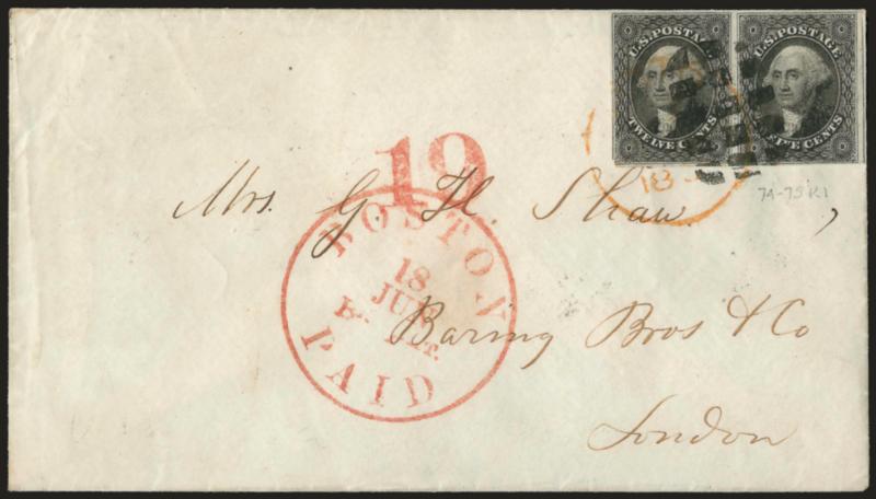 12c Black (17).> Positions 74-75R1, horizontal pair, large margins to barely in at bottom left corner, tied by segmented cork, large red Boston Paid Br. Pkt. 18 Jun. circular datestamp on cover <to London,
England,> bold red 19 credit handstamp,