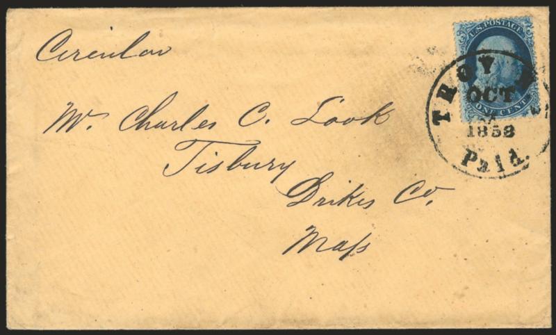 1c Blue, Ty. Ia (19).> Position 94L4, deep rich color, tied by bold strike of Troy N.Y. Paid Oct. 3, 1858 circular datestamp on unsealed cover to Tisbury Mass., endorsed <<Circular>> at top left<><>^VERY FINE.
AN ATTRACTIVE USAGE OF THE SCARCE