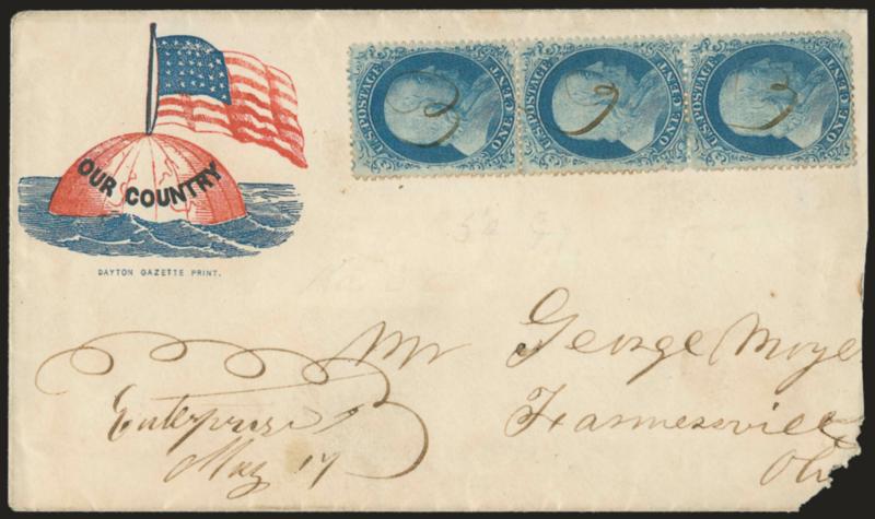 1c Blue, Ty. IIIII (201820).> Vertical combination strip of three, Positions 677787L12, each stamp with neat ms. squiggle resembling a numeral 3, ms. Enterprise (Ohio?) postmark on red and blue <Our Country
Floating Globe and Flag Patri