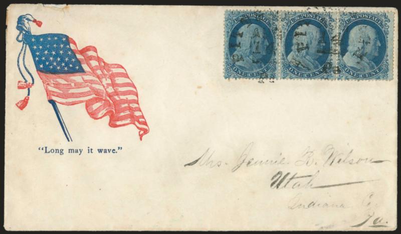 1c Blue, Ty. II (20).> Horizontal strip of three, bright color, tied by Pittsburgh Pa. Aug. 14 rimless circular datestamps on red and blue <Long May it Wave Flag and Verse Patriotic> cover to Utah Pa., trivial
edgewear, Very Fine, a beautiful cov