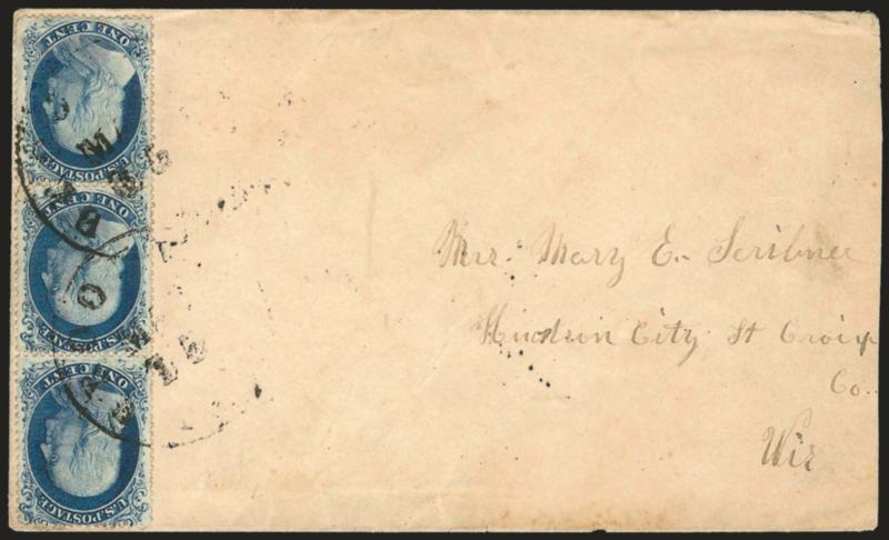 1c Blue, Ty. IIIIIIIIA (202122).> Positions 102030L4, vertical strip of three, choice centering, tied by indistinct circular datestamps on cover to Hudson City Wis., tiny perf flaws at bottom not mentioned on
accompanying certificate, Very Fine