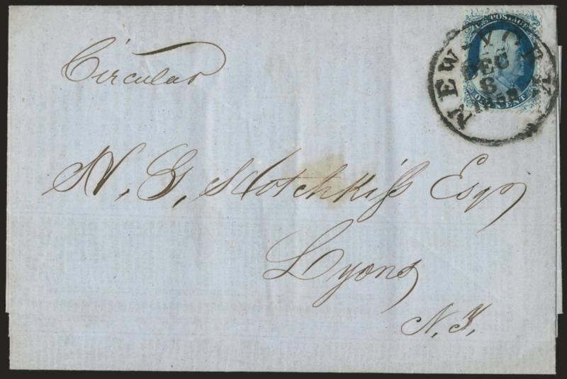1c Blue, Ty. III (21).> Plate 4, Relief C, choice centering, deep rich color, tied by bold strike of New-York Dec. 6, 1858 circular datestamp on folded printed Prices Current to Lyons N.Y., light diagonal file
fold well clear of stamp, fresh and Ve