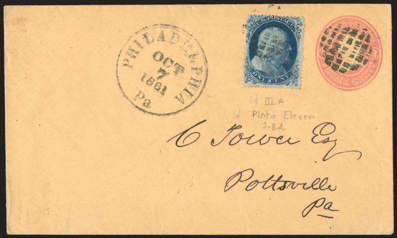 1c Blue, Ty. IIIa (22).> Plate 11, deep rich color, tied by segmented cork on 3c Pink on Buff entire (U35), similarly cancelled, to Pottsville Pa., well-struck Philadelphia Pa. Oct. 7, 1861 circular datestamp,
fresh and Very Fine, scarce use, the 1