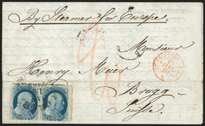 1c Blue, Ty. V (24).> Horizontal pair, tied by New Orleans La. Jan. 18 rimless datestamp on 1860 folded printed circular <to Brugg, Switzerland,> red crayon 20, French transits, Basel and receiving backstamp,
light horizontal file fold clear of s