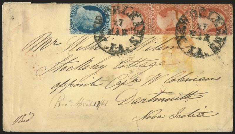 1c Blue, Ty. V, 3c Dull Red, Ty. III (24, 26).> Three 3c, all stamps somewhat defective, tied by bold <New Orleans La. 27 Mar. (1861)> circular datestamps on light yellow cover <to Dartmouth, Nova Scotia,> 1861
docketing at lower left, receiving ba