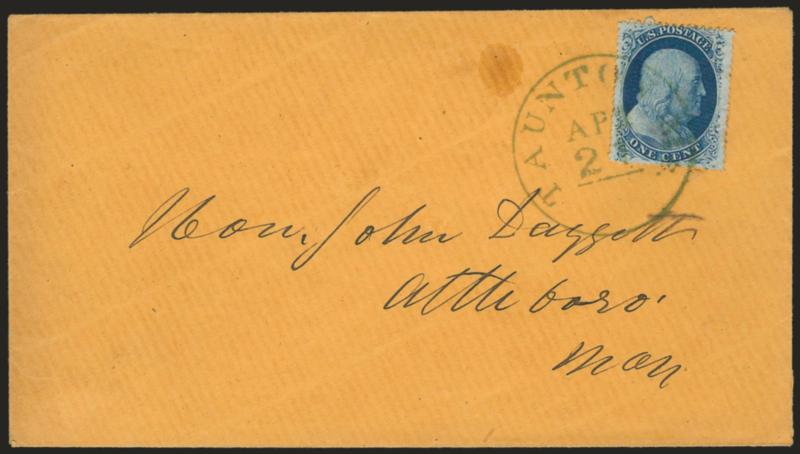 1c Blue, Ty. Va (24 var).> Choice centering for this difficult issue, tied by <blue> Taunton Ms. Apr. 21 circular datestamp on orange cover to Attleboro Mass., small stain at left, Very Fine, with 2006 P.F.
certificate
