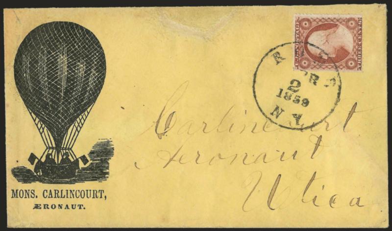 3c Brownish Carmine, Type IV (26A var). S.e. at left, tied by “Rome N.Y. Apr. 2, 1859” circular datestamp on cover with <Professor Wises illustrated hot-air balloon> with the imprint of the famous balloonist
Mons. Carlincourt at left, addressed to C