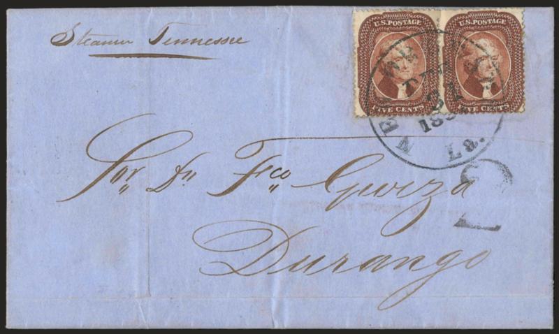 5c Red Brown (28).> Horizontal pair, tied by neat strike of New Orleans La. Dec. 31, 1857 circular datestamp on blue folded letter <from England to Durango, Mexico, via New Orleans,> datelined <<Londres 4 de
Decr. 1857,>> neat 2 reales due mark
