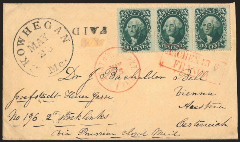 10c Green, Ty. V (35).> Horizontal strip of three, choice centering, each with small ms. cancel, bold Kowhegan Me. May 23 circular datestamp on cover <to Vienna, Austria,> red Boston Br. Pkt. Paid 7 May 25
credit datestamp, red framed Aachen Fra