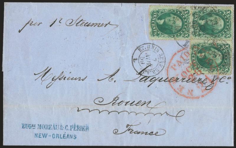 10c Green, Ty. V (35).> Vertical pair and single, tied by New Orleans La. Oct. 20 circular datestamp and red New York Paid 24 Oct. 26 credit datestamp on blue folded cover <to Rouen, France,> various French
transits, light horizontal file fold at