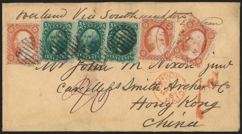 10c Green, Ty. V (35).> Three, used with three 3c Dull Red, Ty. III (26), tied by grids, red New York Sep. 14 circular datestamp on cover <to Hong Kong, China,> endorsed <<overland via Southampton>> and with
red London SP 30, 1861 transit dates