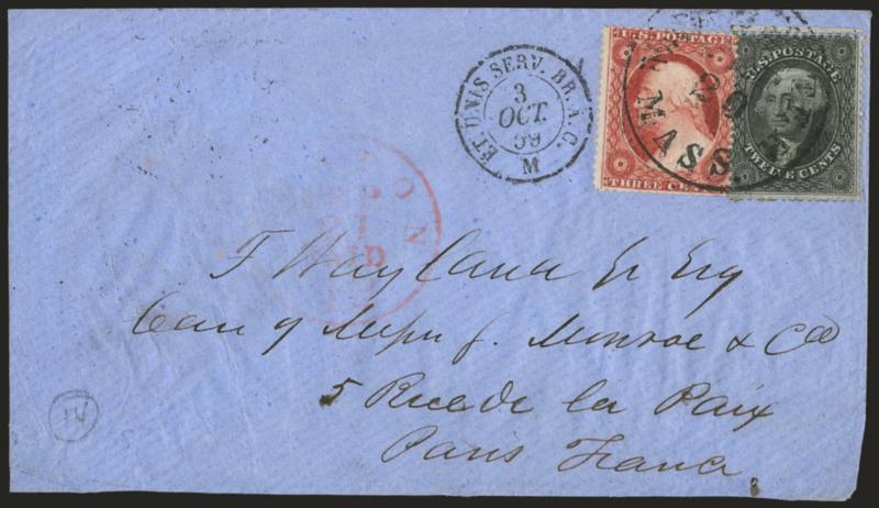 12c Black (36).> Used with 3c Dull Red, Ty. II (26) and tied by Worcester Mass. Sep. 20 circular datestamp on blue 1859 cover <to Paris, France,> light strike of red 12c Boston credit datestamp, trivial wear,
cover opened at bottom and resealed, Ve