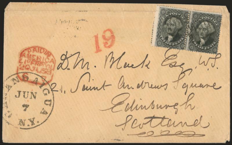 12c Black (36).> Horizontal pair, centered to bottom right, cancelled by grids, Canandaigua N.Y. Jun. 7 circular datestamp on cover <to Edinburgh, Scotland,> 1858 Liverpool transit, red 19 credit handstamp,
stamps affected from placement over top