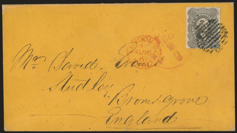 24c Gray Lilac (37).> Radiant color, choice centering, tied by open grid and indistinct red circular datestamp on orange cover <to Studley, England,> 1861 London transit, receiving backstamp, top flap and small
part of top edge added, otherwise Very