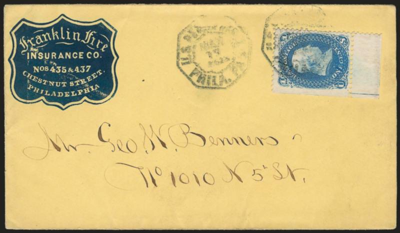 1c Blue (63).> Natural s.e. with <straddle-pane> margin at left and selvage at bottom, tied by oval U.S. Despatch Phila. Pa. Mar. 15, 1862 datestamp on yellow cover with <Franklin Fire Insurance lithographed
corner card> to local address, fresh and