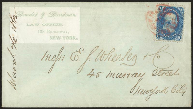 1c Blue (63).> Rich color, tied by <red New York carrier> circular datestamp on light green cover with law offices corner card and used to local address, fresh and Very Fine, a beautiful cover