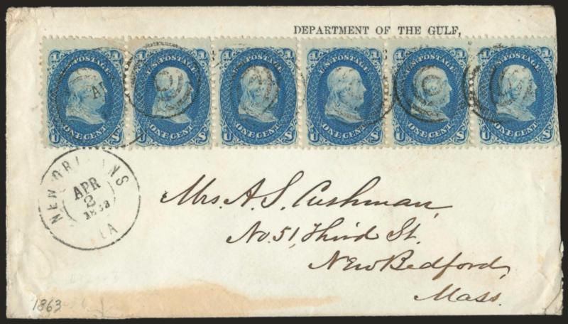 1c Blue (63).> Two horizontal strips of three, cancelled by targets, New Orleans La. Apr. 2, 1863 double-circle datestamp on cover with <Department of the Gulf, U.S. Sequestration Commission, Official Business>
imprint with Official Business cro