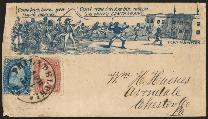 1c Blue, 3c Rose (63, 65).> Tied by bold Philadelphia Pa. Apr. 23, 1862 circular datestamp on blue <Contraband Slaves Patriotic> cover to Avondale Pa., slightly reduced at left where opened irregularly, 1c
defective, minor edgewear, still Fine, sca