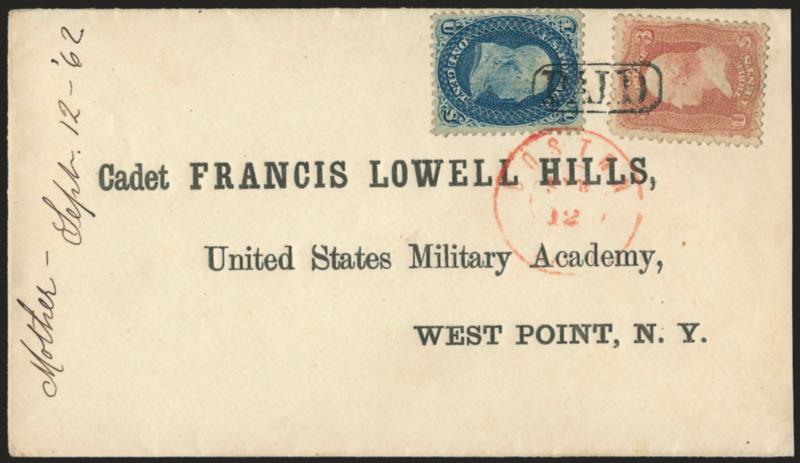 1c Dark Blue, 3c Rose (63b, 65).> Deep rich colors, tied by Paid in oval, 1c also tied by red Boston Mass. Sep. 12 double-circle datestamp on cover with printed address to the U.S. Military Academy at West
Point, 1862 docketing at left, 3c small