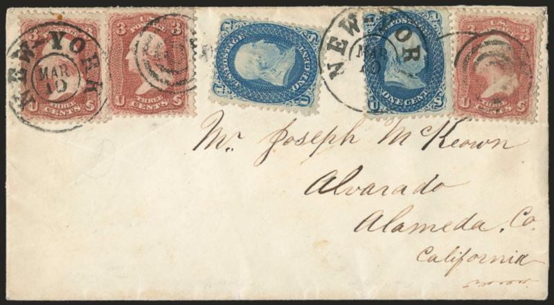 1c Blue, 3c Rose (63, 65).> Two 1c and three 3c, tied by targets and New-York Mar. 10 double-circle datestamps on cover to Alvarado Cal., left and right 3c stamps with small faults not mentioned on accompanying
certificate, Very Fine appearance, at