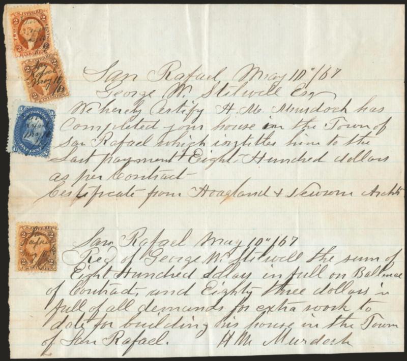 1c Blue (63).> May 1867 ms. cancel, <used as a Revenue stamp> with 2c Bank Check and 2c Internal Revenue (R6c, R15c) on document from San Rafael Cal., light corner crease from placement at edge of cover,
otherwise Very Fine, scarce usage