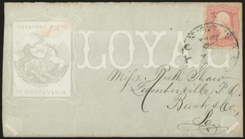 3c Pink (64).> Exceptionally well-centered, small flaws, tied by Washington D.C. circular datestamp on overall gray <Pennsylvania Loyal States Patriotic> cover, pencil 15 erased, Very Fine appearance