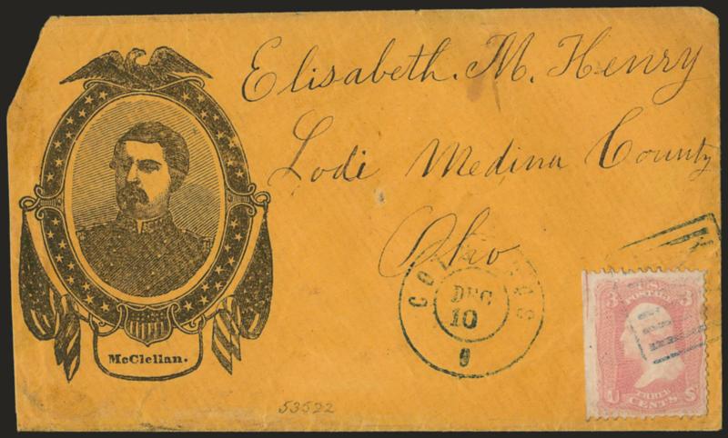 3c Pink (64).> Gorgeous color as fresh as the day it was printed, natural s.e. at left, tied by blue boxed grid, matching Columbus O. Dec. 10 double-circle datestamp on <McClellan Patriotic> cover to Lodi O.,
reduced at left, stamp and cover with t