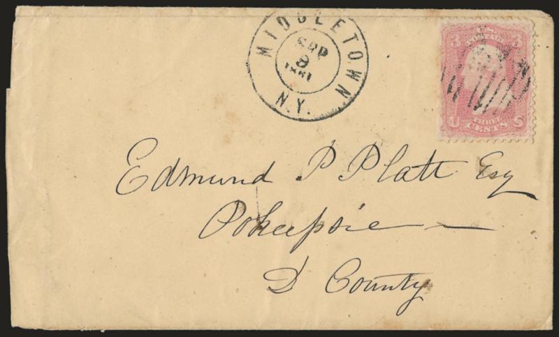 3c Pink (64).> Radiant color, s.e. at left, cancelled by open grid, Middletown N.Y. Sep. 9, 1861 double-circle datestamp on cover to Pokeepsie N.Y., small corner crease at top right, cover with some slight
edgewear incl. slightly reduced at left,