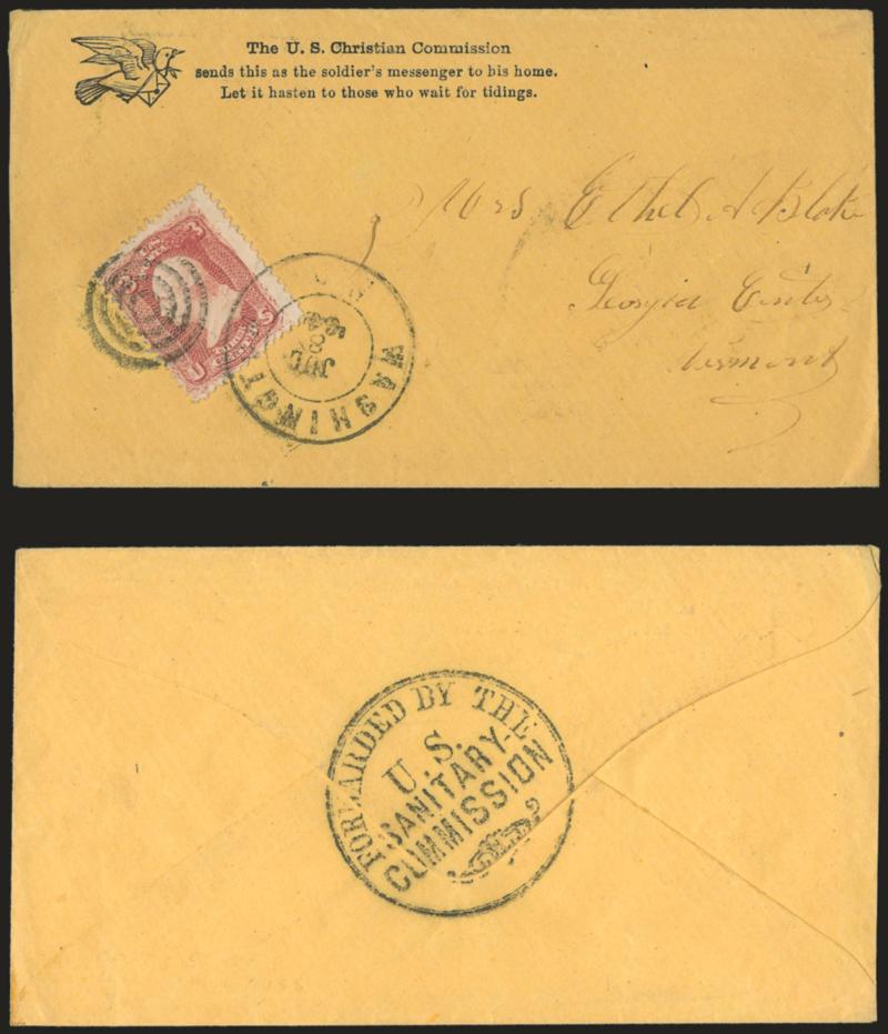 3c Rose (65).> Unusual plate smear at top right, tied by target and by Washington D.C. Jul. 8, 1864 double-circle datestamp on yellow cover with <U.S. Christian Commission imprint> to Georgia Centre Vt., back
of cover with well-struck Forwarded by