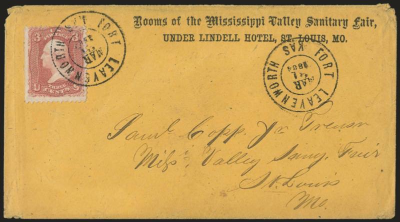 3c Rose (65).> Tied by Fort Leavenworth Kas. Mar. 31, 1864 double-circle datestamp, second strike at right, on <Rooms of the Mississippi Valley Sanitary Fair, Under Lindell Hotel, St. Louis Mo.> imprint cover
to the President of the Miss. Valley