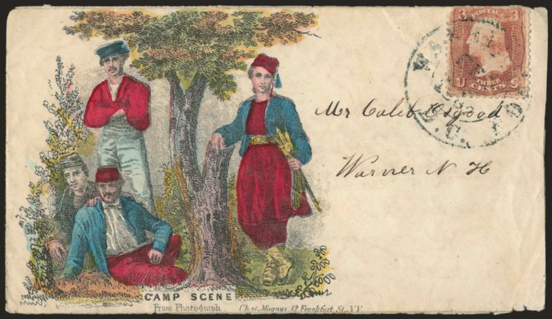 3c Rose (65).> Defective top margin, tied by Washington D.C. double-circle datestamp on <multicolored Magnus Camp Scene Patriotic> cover, some minor edge faults, otherwise Fine, attractive