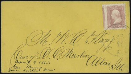 3c Rose (65).> Two covers, first tied by blue Elmira N.Y. Oct. 10 circular datestamp on red and blue <Standing Washington with Flags Patriotic> cover to Oswego City N.Y., second with shade which looks
distinctly Rose Pink to us (but received a P.F.