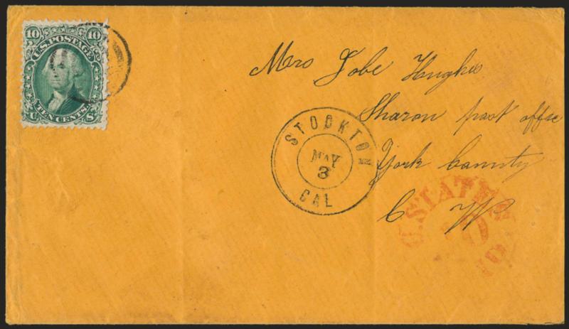10c Yellow Green (68).> Two covers used from California, first tied by target, Stockton Cal. May 3 double-circle datestamp and used <to Canada,> second tied by cogwheel, San Francisco Cal. May 16, 1862
double-circle datestamp on cover to New York