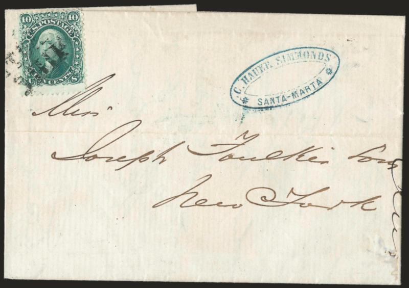 10c Yellow Green (68).> Tied by bold <Steam Ship> two-line handstamp on folded letter <from Colombia to New York> datelined <<Sta. Marta 21 de Novr. 1865,>> light file fold clear of stamp, Very Fine
usage